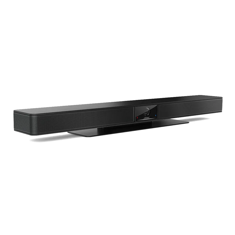 Bose Videobar Vb1 Black soundbar with center camera and led indicators on a glossy pedestal stand.