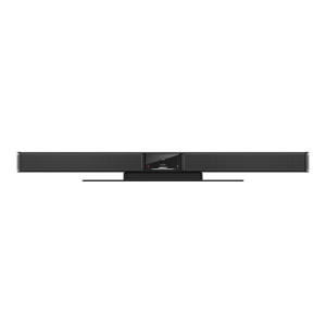 Black long video conferencing soundbar with a central built-in camera on a slim pedestal.