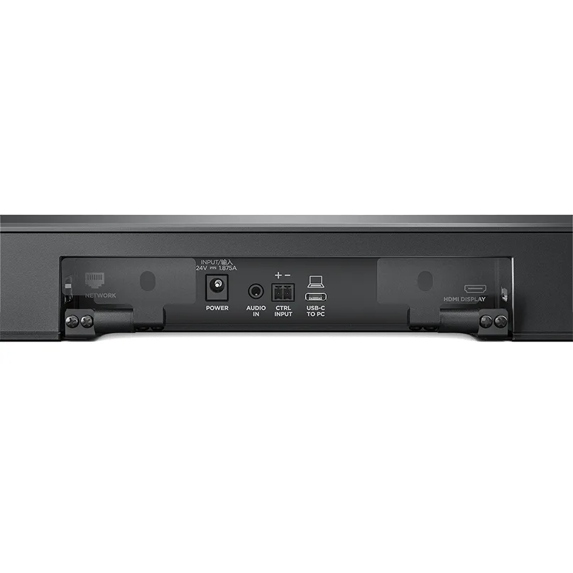 Bose Videobar Vb1 Monitor rear panel featuring power input, audio in, control input, usb-c to pc, and hdmi display ports.