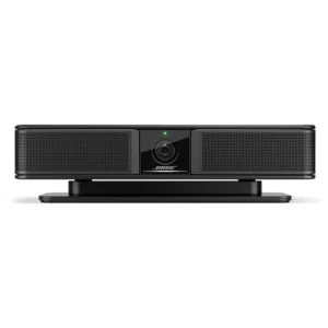Bose video bar with built-in center camera, side speaker grilles, and a green status LED on a pedestal.