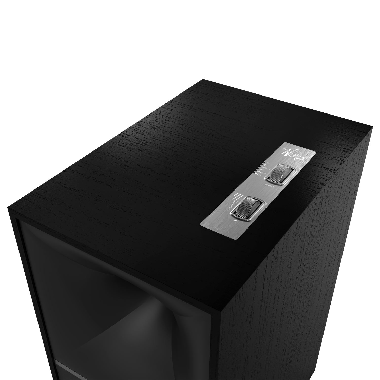 Klipsch The Nines Black wooden speaker with brushed silver control plate featuring two knobs labeled volume and source.