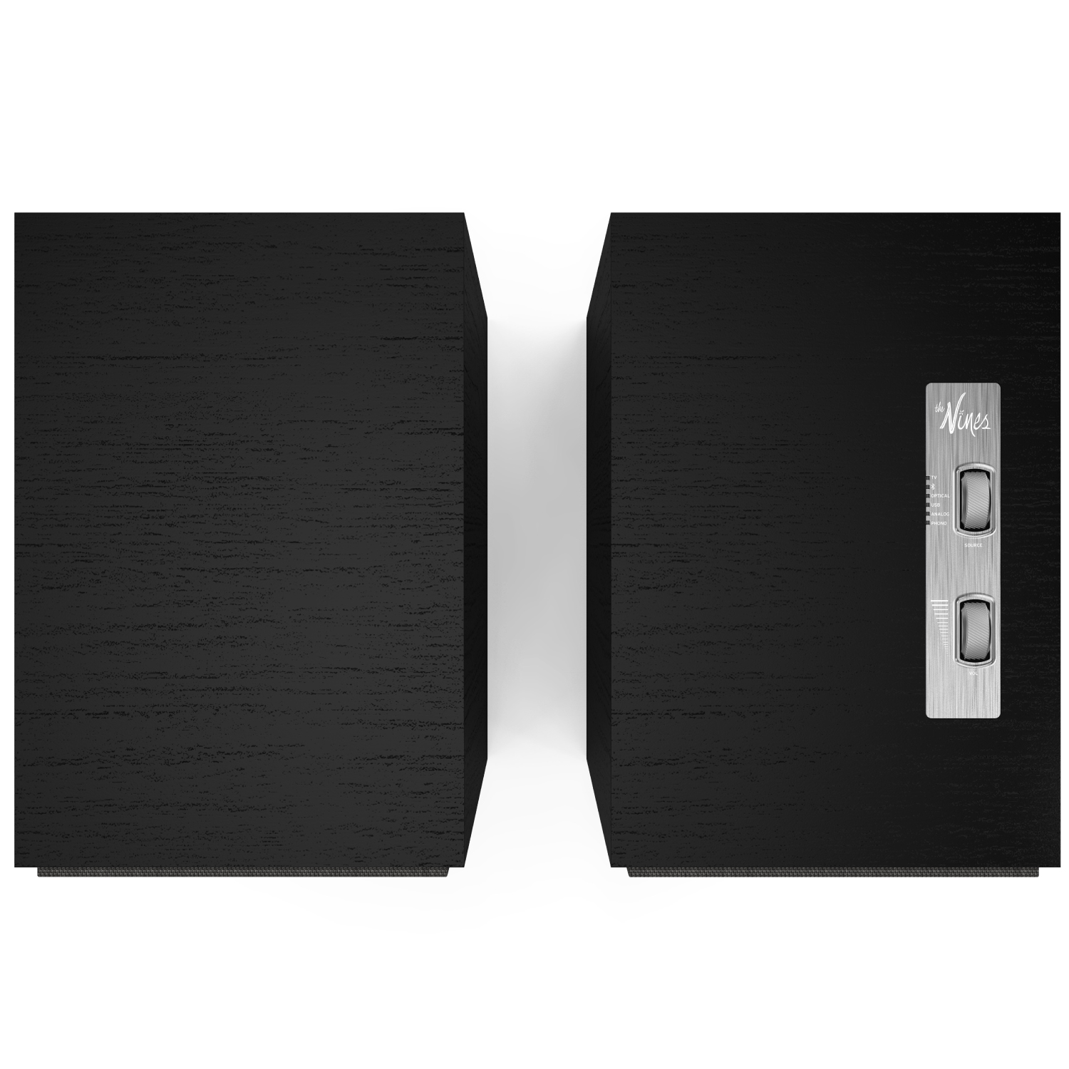 Klipsch The Nines The vines stereo speakers, black wooden cabinets with a brushed metal control panel on the right speaker.