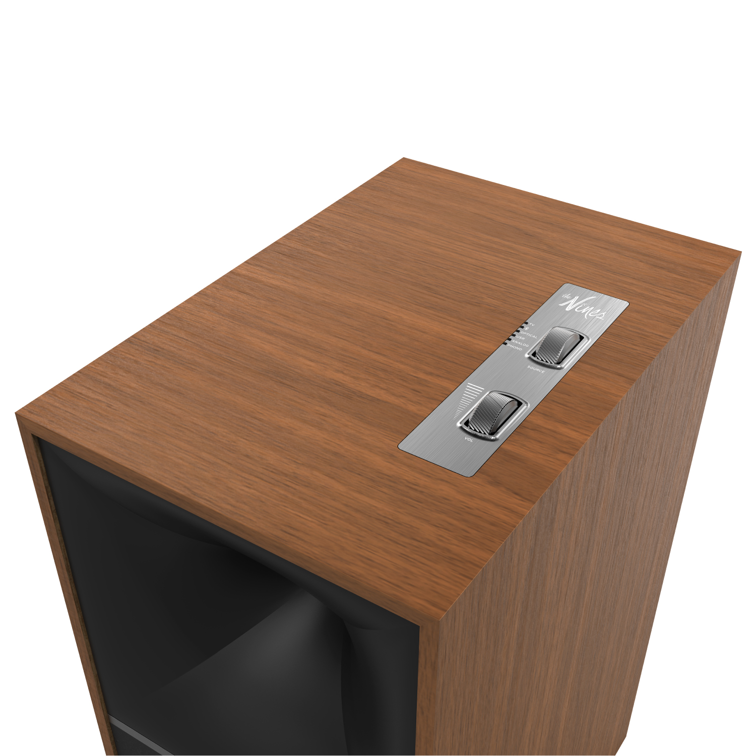 Klipsch The Nines The ness wood veneer speaker cabinet with brushed metal control plate and two knobs on the top panel.