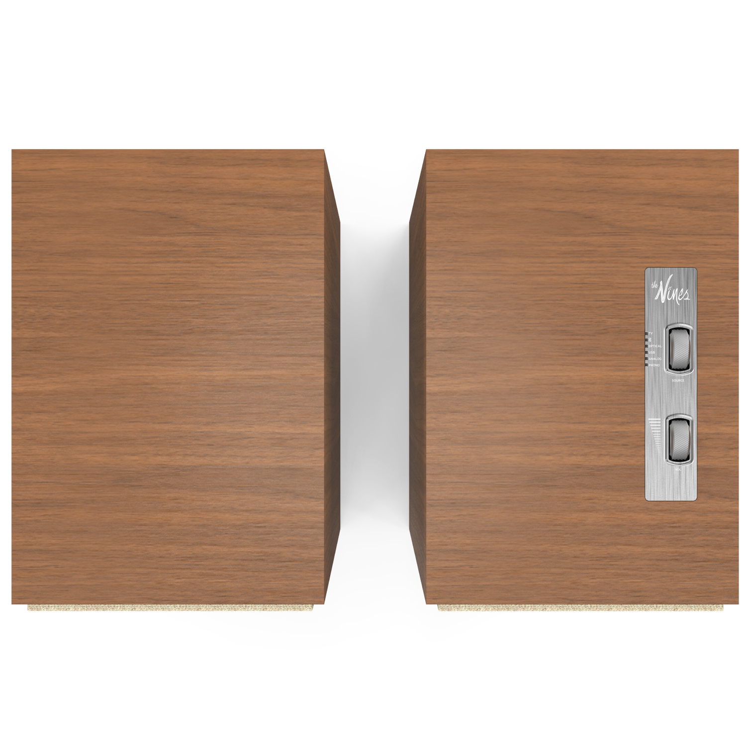 Klipsch The Nines Pair of wood cabinet doors with a vertical silver inner edge; right door features brushed metal plate marked the nines.