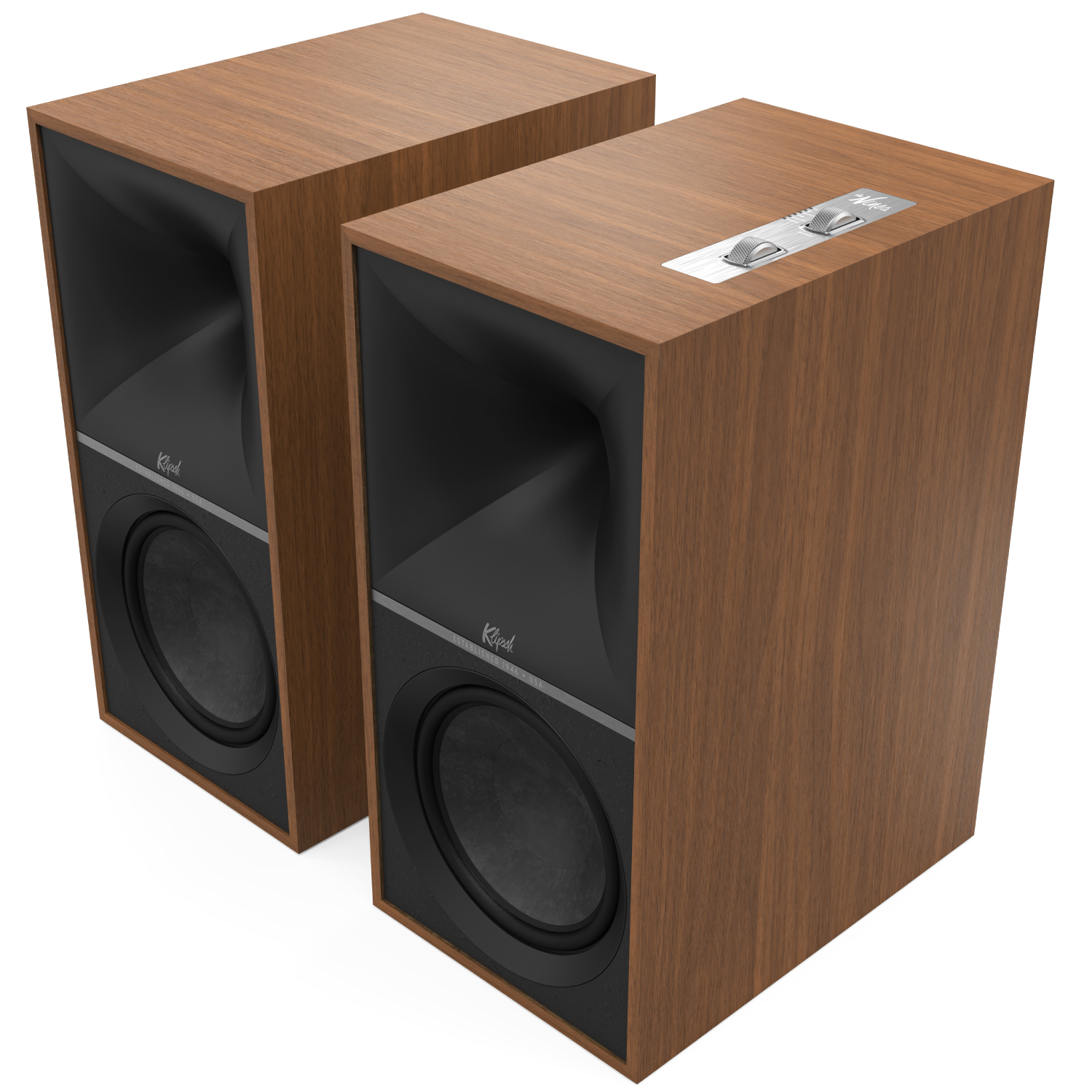 Klipsch The Nines Pair of walnut klipsch speakers with two front drivers and a metal binding-post plate on the top panel.