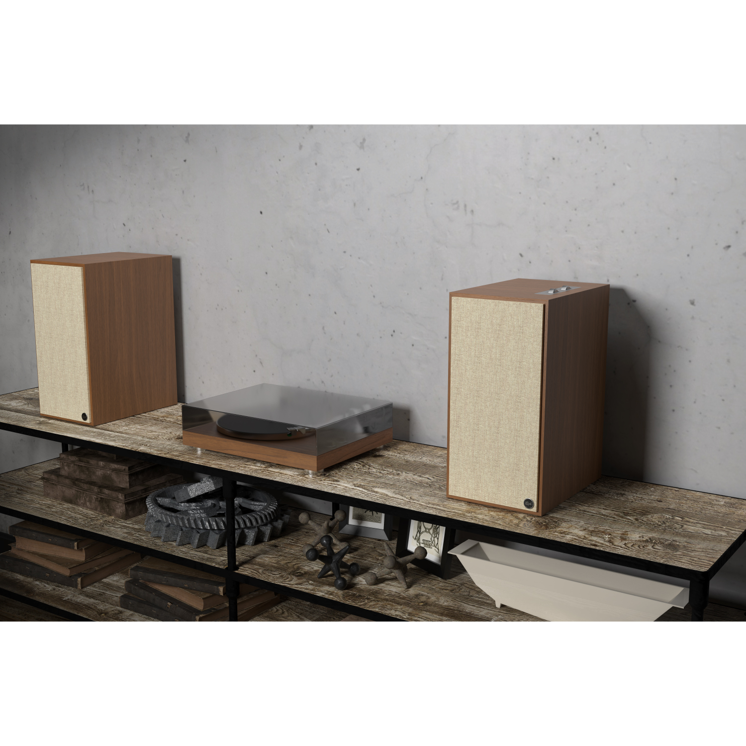 Klipsch The Nines Pair of wooden floorstanding speakers with beige fabric grills flanking a transparent lid turntable on a rustic wooden shelf.