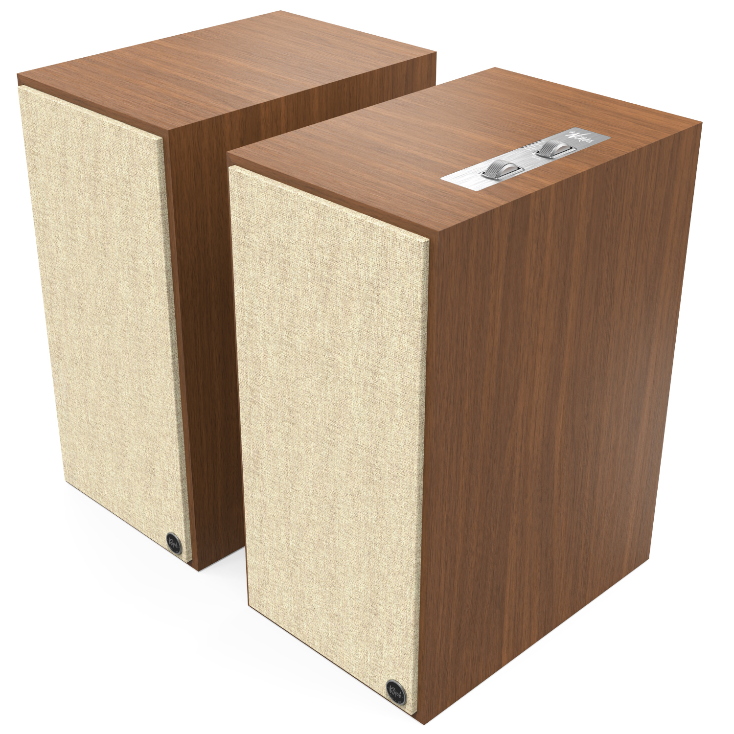 Klipsch The Nines Pair of walnut-finished floorstanding speakers with beige fabric grilles.