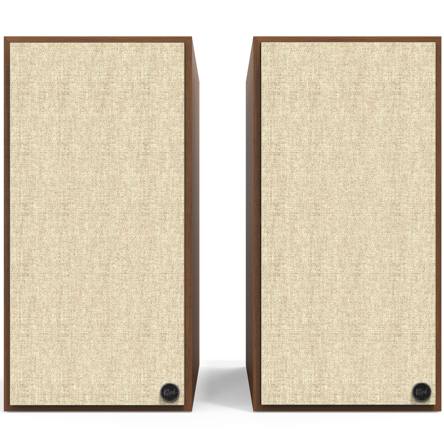 Klipsch The Nines Pair of klipsch floor-standing speakers with brown wood cabinets and beige fabric grilles.