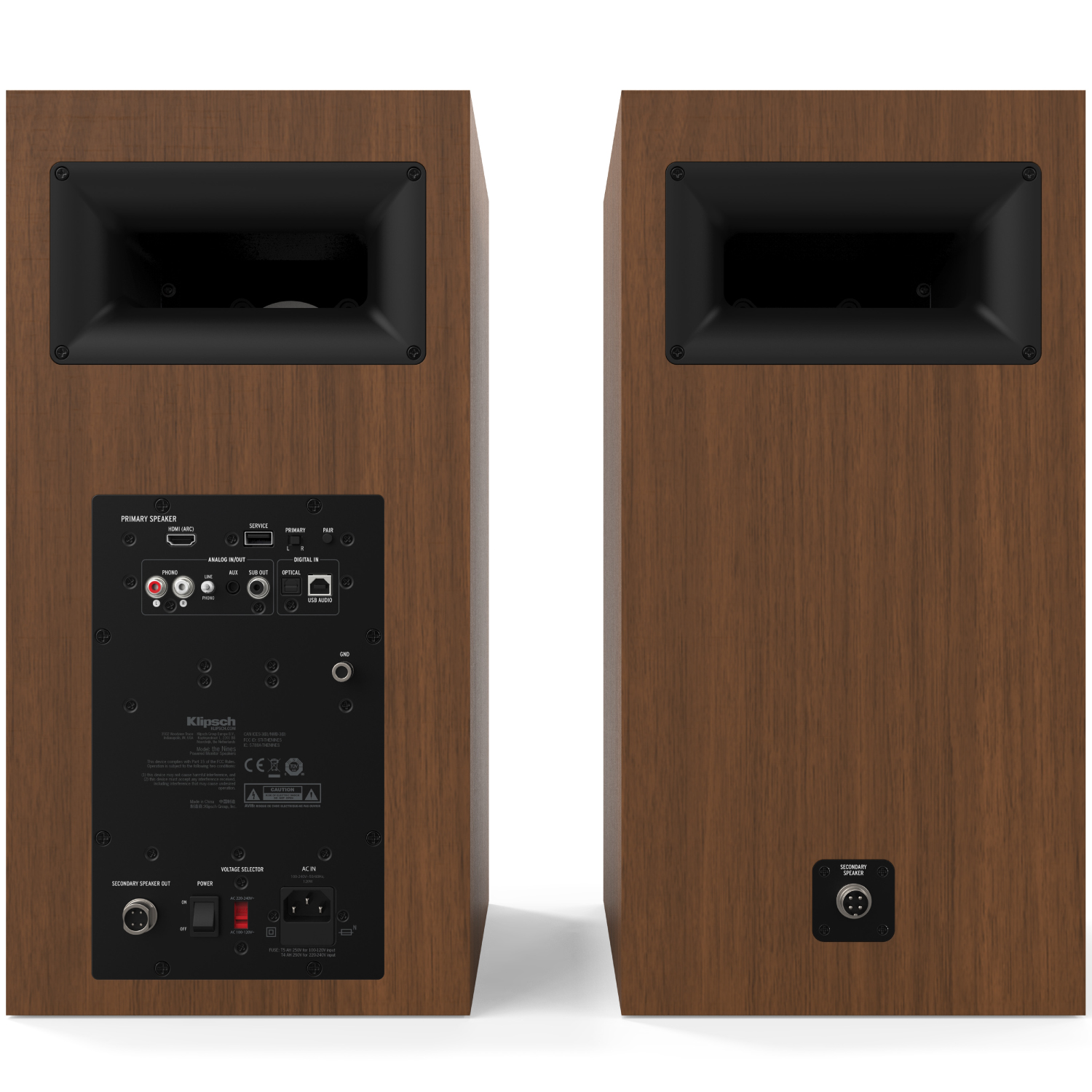 Klipsch The Nines Klipsch floorstanding speakers in wood veneer with black rear panels and multiple input connectors.