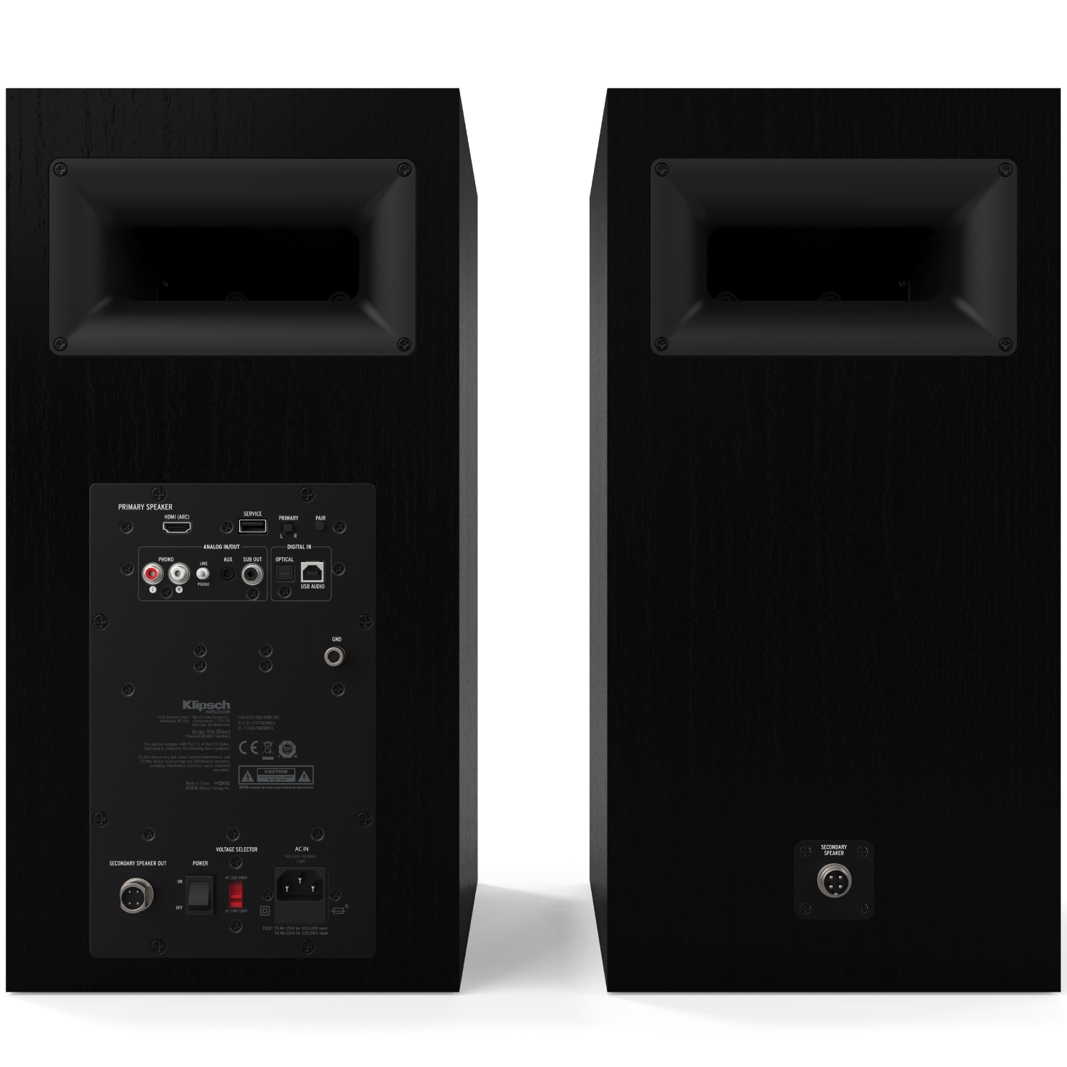 Klipsch The Nines Two black klipsch floor-standing speakers with rear connection panel featuring multiple analog and digital inputs.