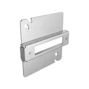 Silver metal mounting bracket with a central rectangular slot and two keyhole-shaped mounting holes.