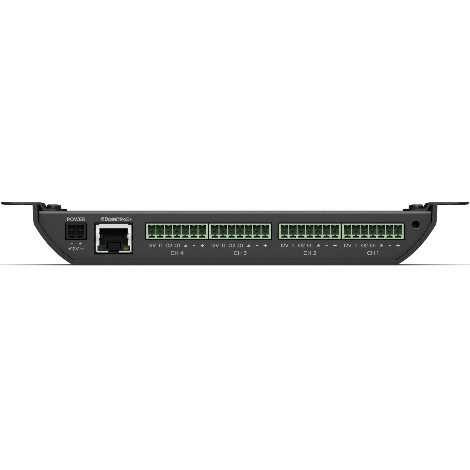 Bose Controlspace Ex-4Ml 4Ch Mic/Gpio Dante Utb Dante/poe+ network audio distribution device with four 12v terminal blocks and a poe rj45 port.