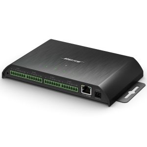 Bose control unit with multiple green terminal blocks, five status LEDs, Ethernet port, brushed metal housing.