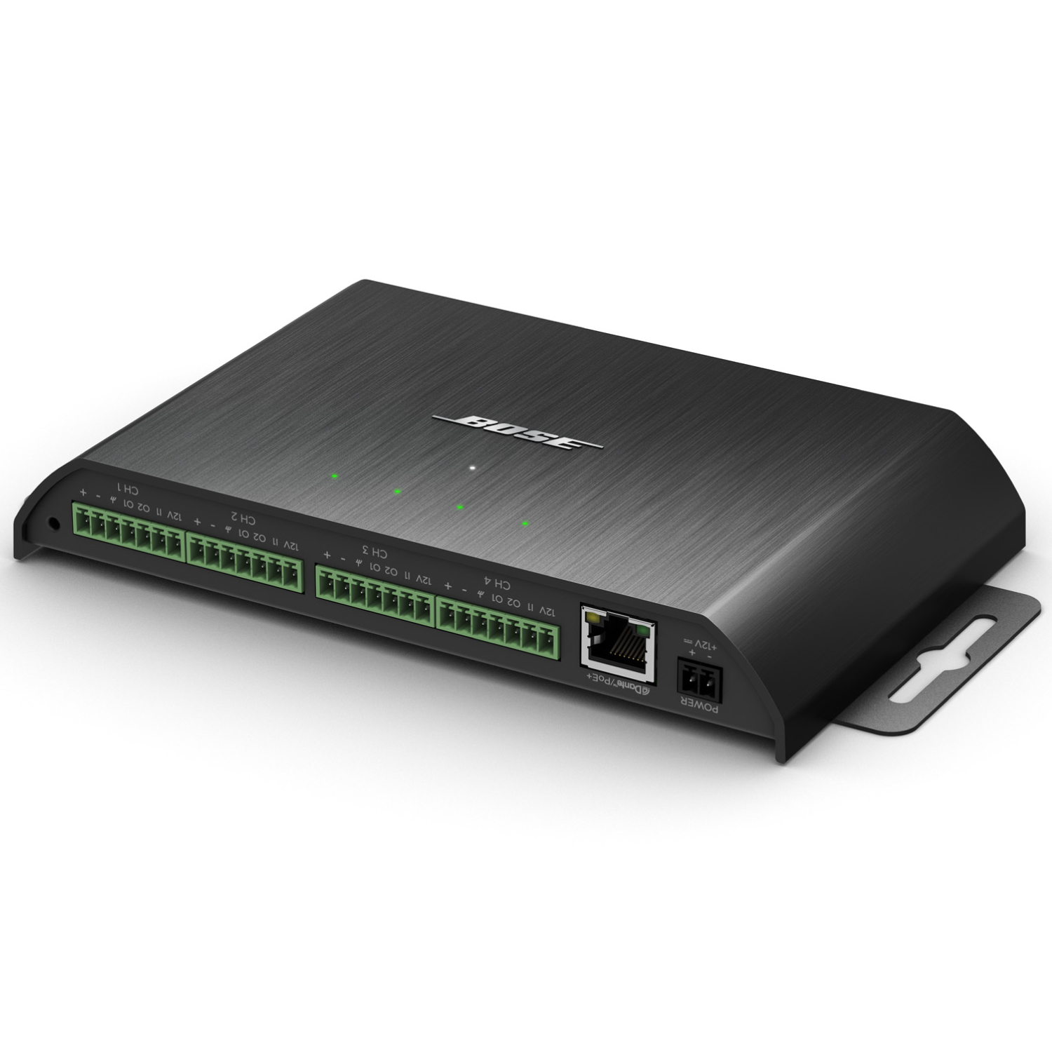 Bose Controlspace Ex-4Ml 4Ch Mic/Gpio Dante Utb Bose control unit with multiple green terminal blocks, five status leds, ethernet port, brushed metal housing.