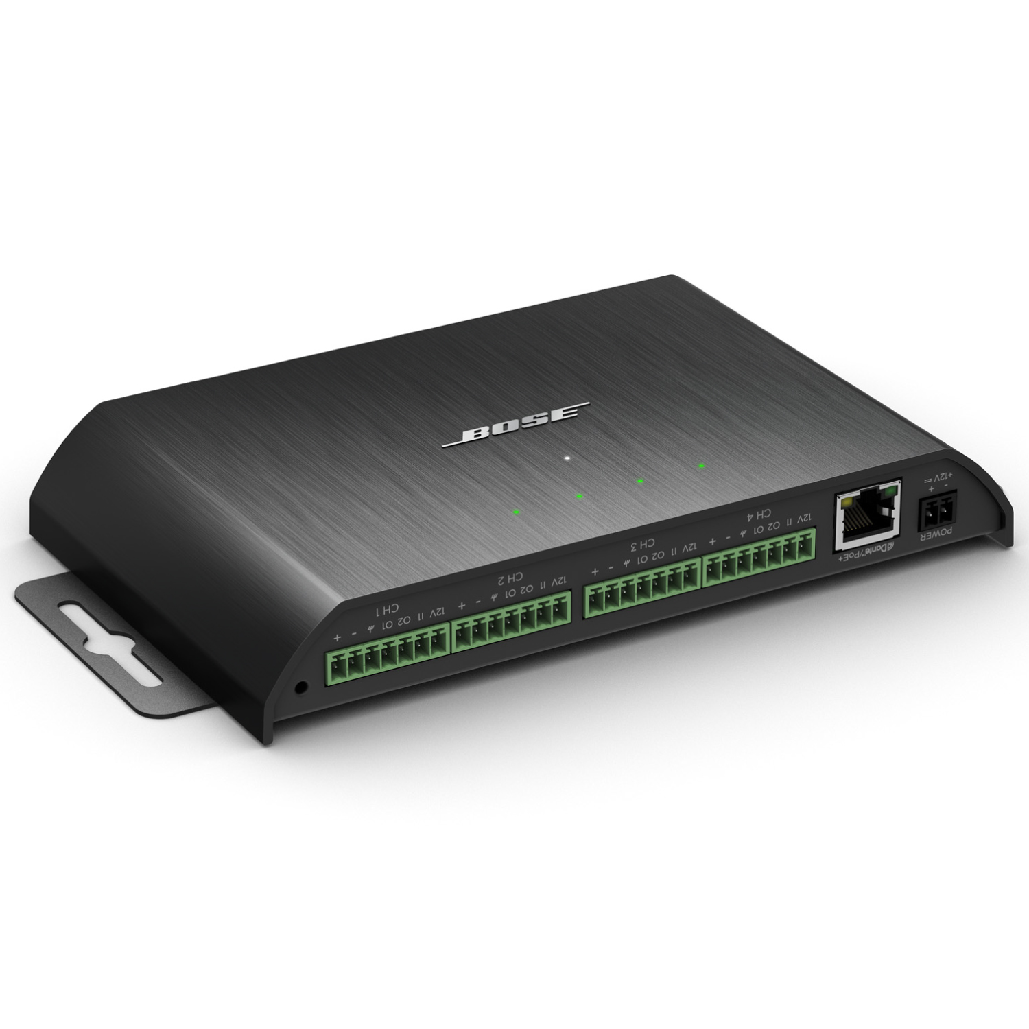 Bose Controlspace Ex-4Ml 4Ch Mic/Gpio Dante Utb Bosch 24-channel i/o module with brushed metal finish, green terminal blocks, ethernet port, and status leds.