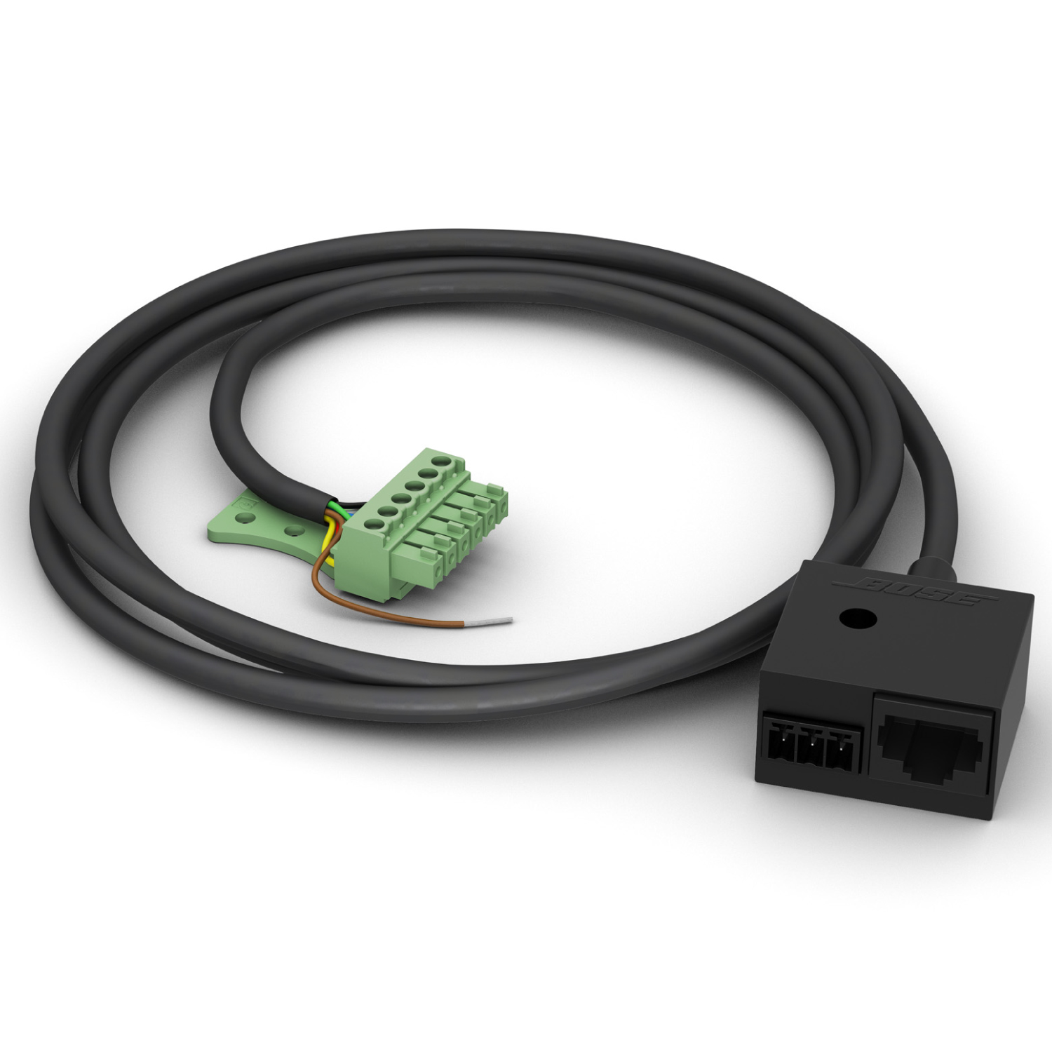 Bose Controlspace Ex-4Ml 4Ch Mic/Gpio Dante Utb Bose cable harness with a green 6-position screw terminal block and a black multi-pin connector.
