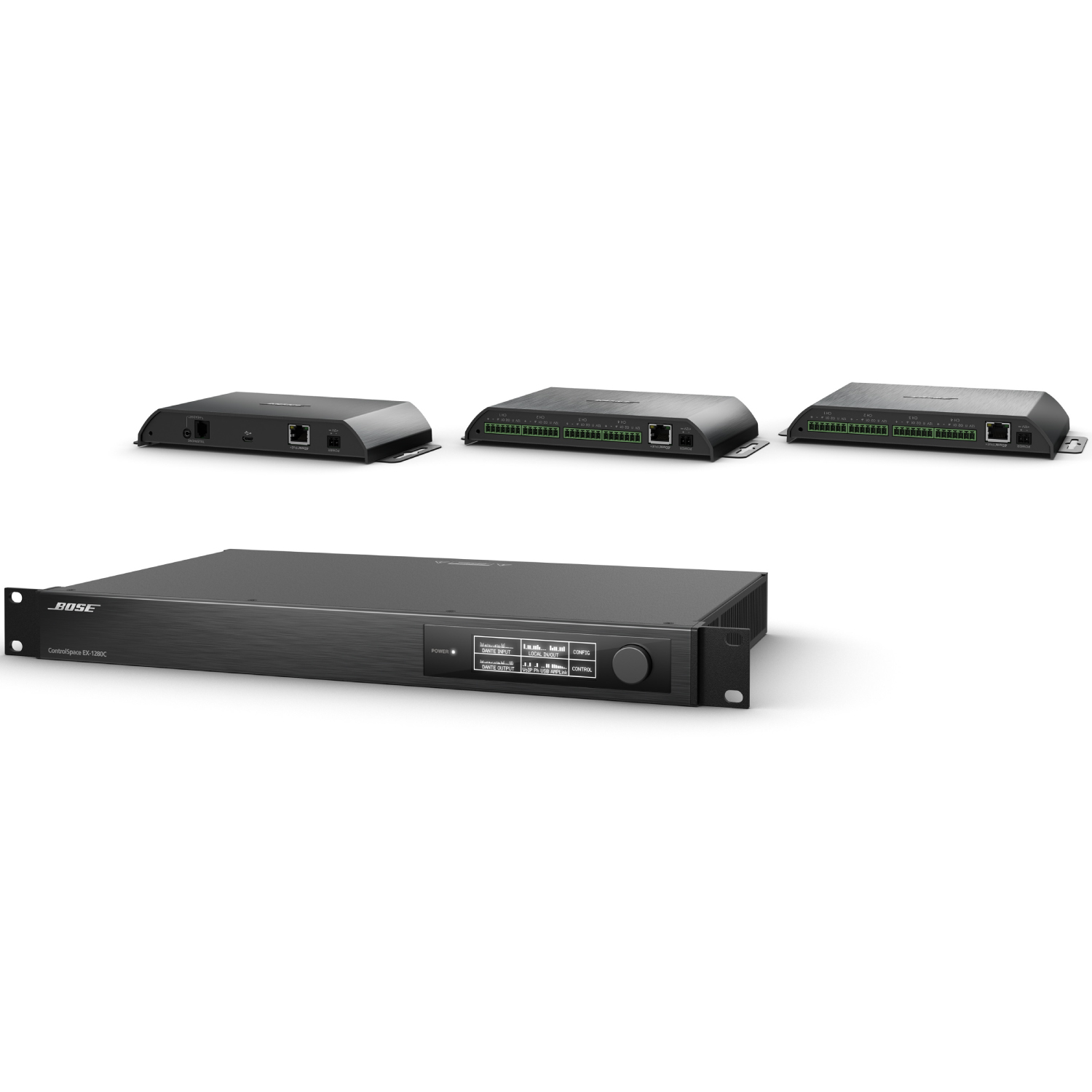 Bose Controlspace Ex-4Ml 4Ch Mic/Gpio Dante Utb Bose controlspace ex-1280c rack-mount dsp with three expansion i/o modules featuring green terminal blocks.