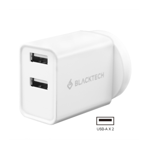 White Blacktech USB wall charger with two USB-A ports.
