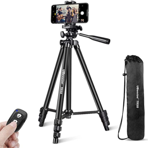 UBeesize TR50 smartphone tripod with adjustable legs, phone holder, Bluetooth remote, and carrying bag.