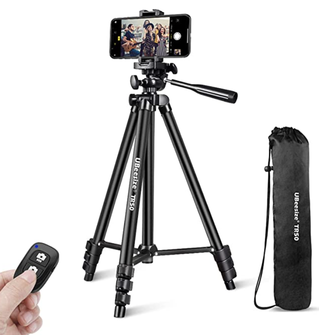 Ubeesize Phone Tripod, 51&Quot; Ubeesize tr50 smartphone tripod with adjustable legs, phone holder, bluetooth remote, and carrying bag.