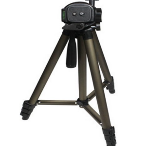 Compact aluminum tripod with three-section legs, rubber feet, and a small pan-tilt head.