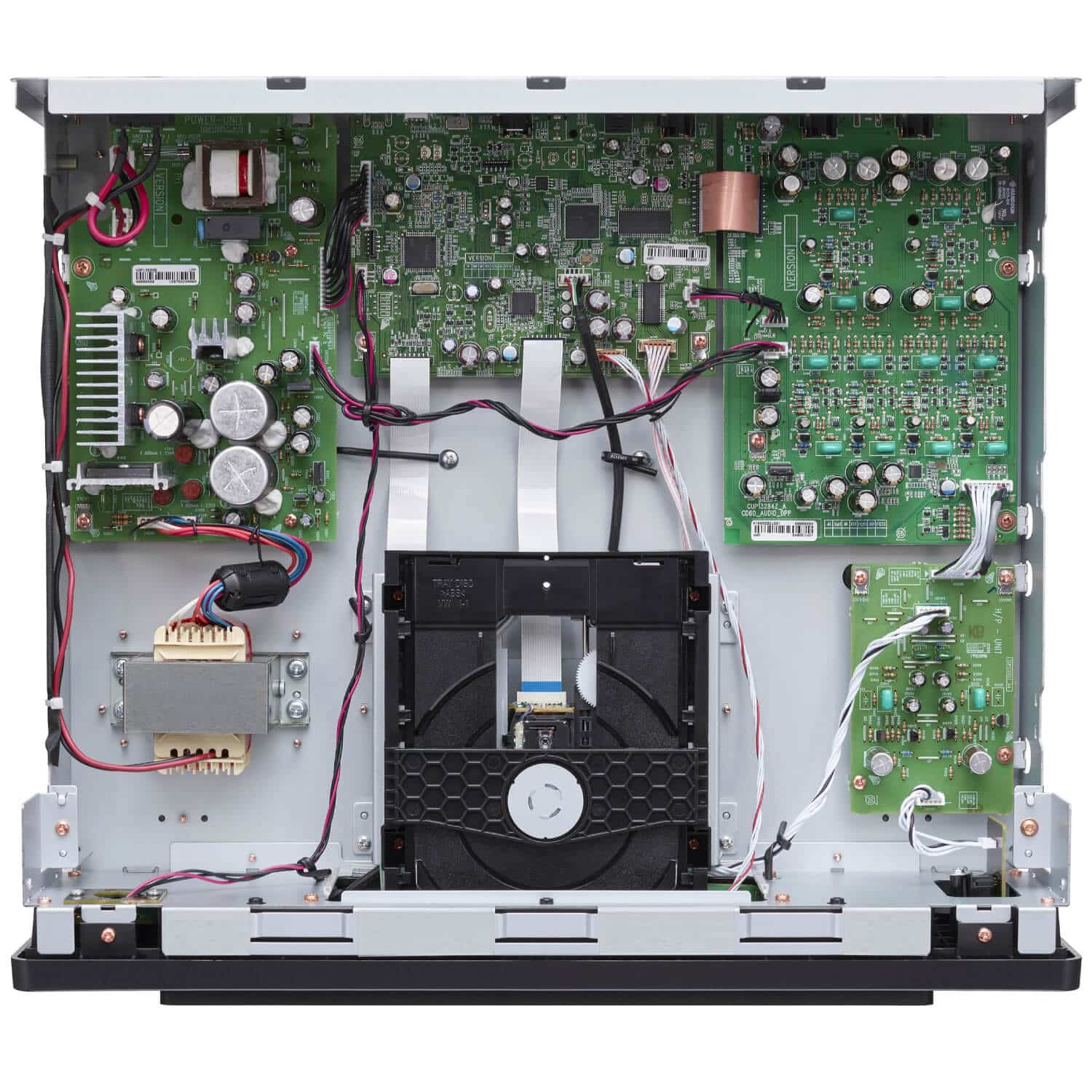 Marantz Cd 60 Premium Cd Player Internal view of a dvd player chassis with circuit boards, laser pickup, cables, and cooling fan.