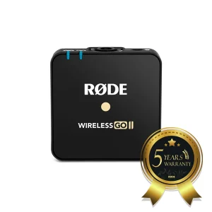 RODE Wireless GO II wireless microphone receiver, black square with blue top controls and a 5-year warranty badge.
