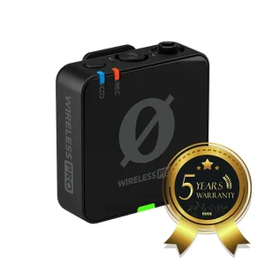 RØDE Wireless Pro wireless microphone receiver, black compact box with blue and red indicators and a large gray front logo.