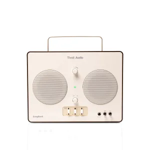 Tivoli Audio SongBook portable stereo with twin round speakers, cream finish, central control knob, carrying handle and EQ sliders.
