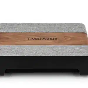 Tivoli Audio wireless speaker with two grey fabric panels and a wooden central band.