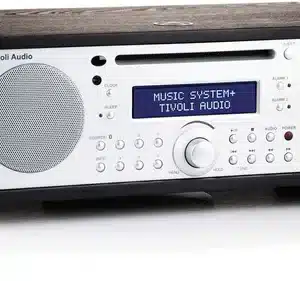 Tivoli Audio Music System stereo with twin front speakers, silver front panel, central display.