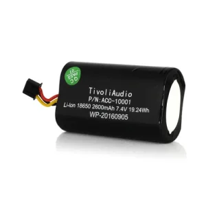 Tivoli Audio rechargeable 18650 Li-ion battery, ACC-10001, 2600mAh, 7.4V, 19.24Wh, black cylindrical with wire connector.