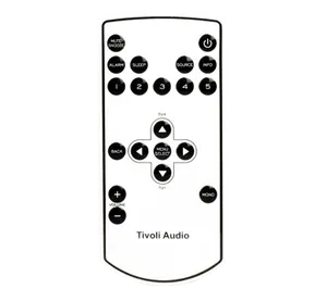 Tivoli Audio remote control with a white body and numerous black circular buttons.