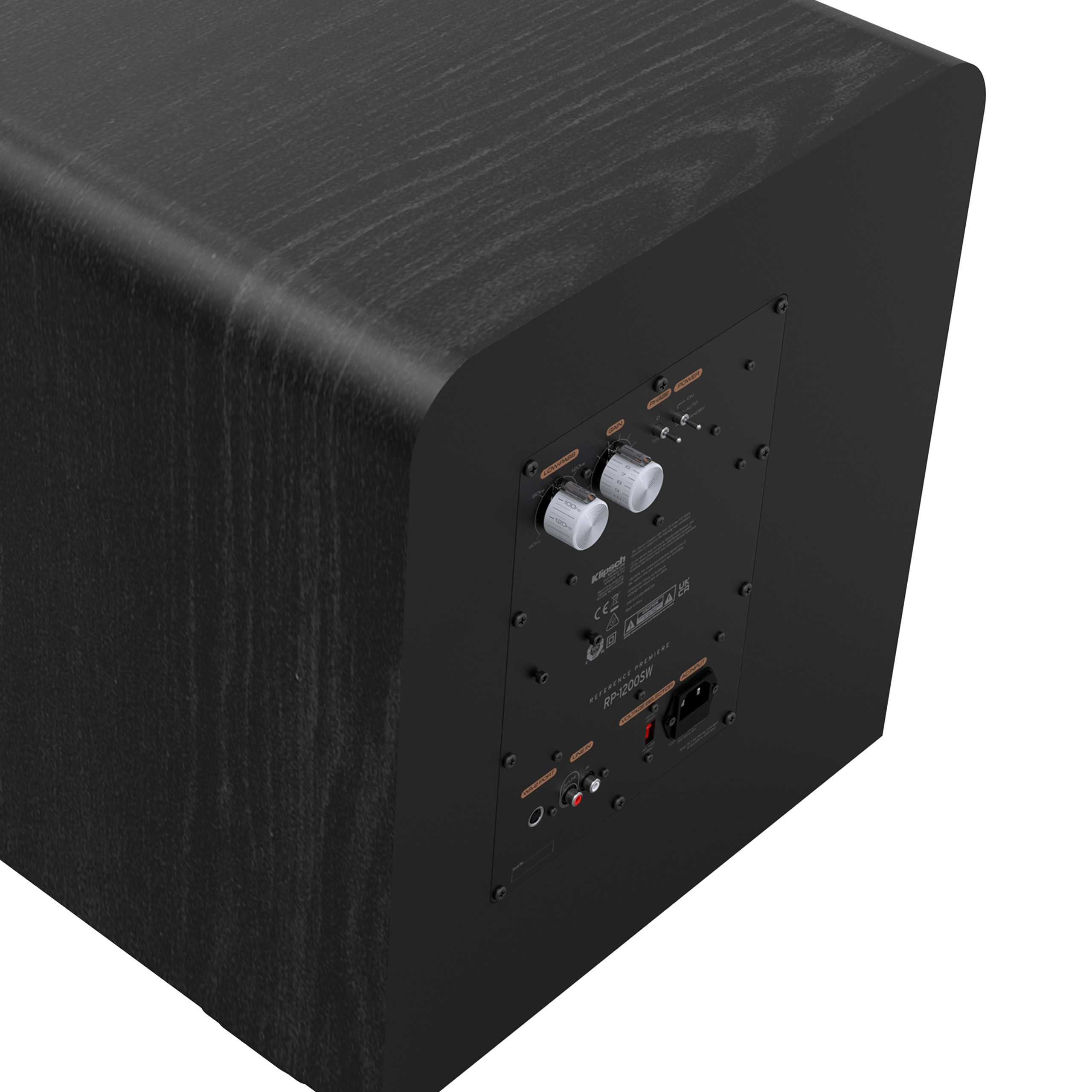 Klipsch Rp-1200Sw Klipsch reference premiere rp-1200w powered subwoofer back panel with gain, crossovers, and phase controls.