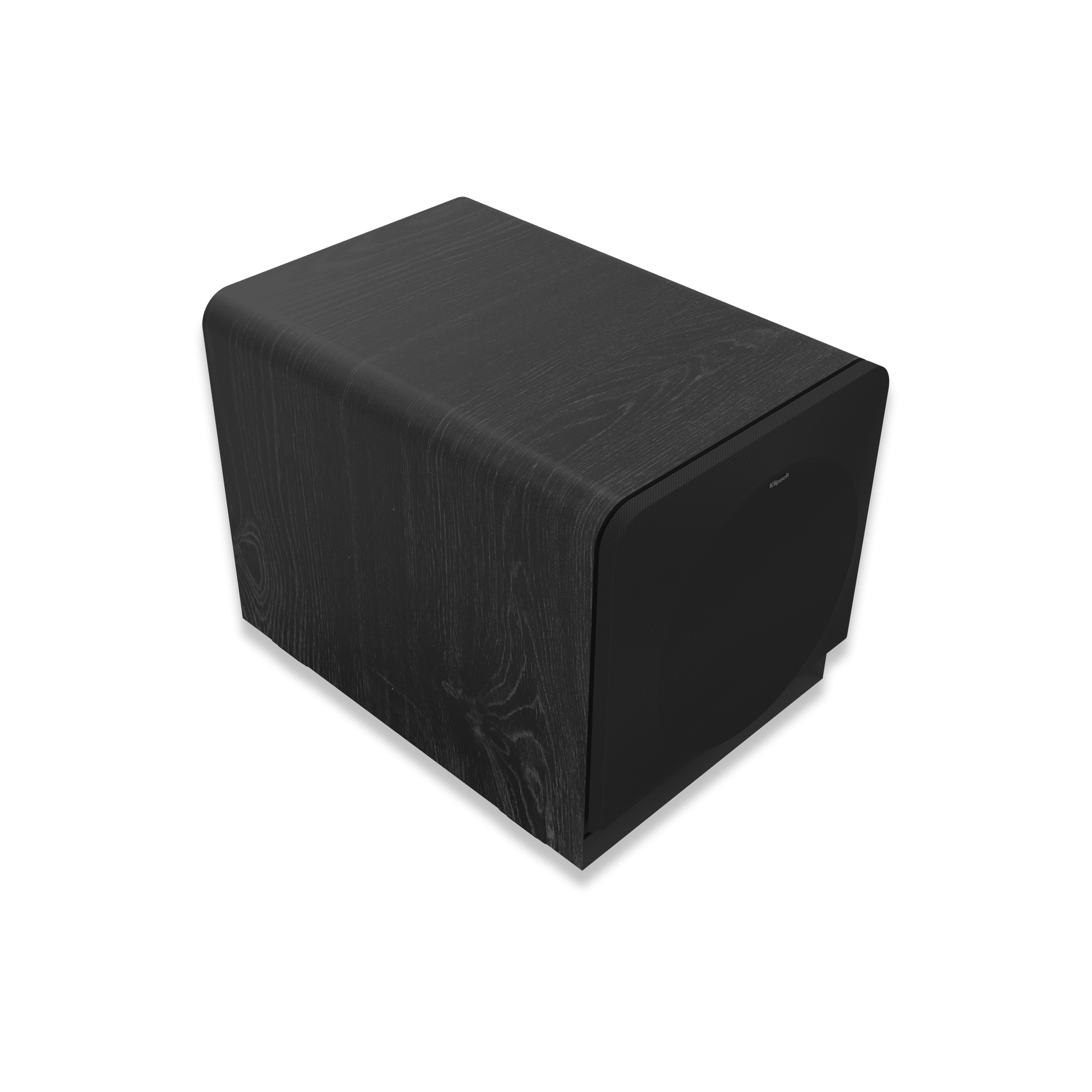 Klipsch Rp-1200Sw Black woodgrain subwoofer with curved edges and fabric front grille.