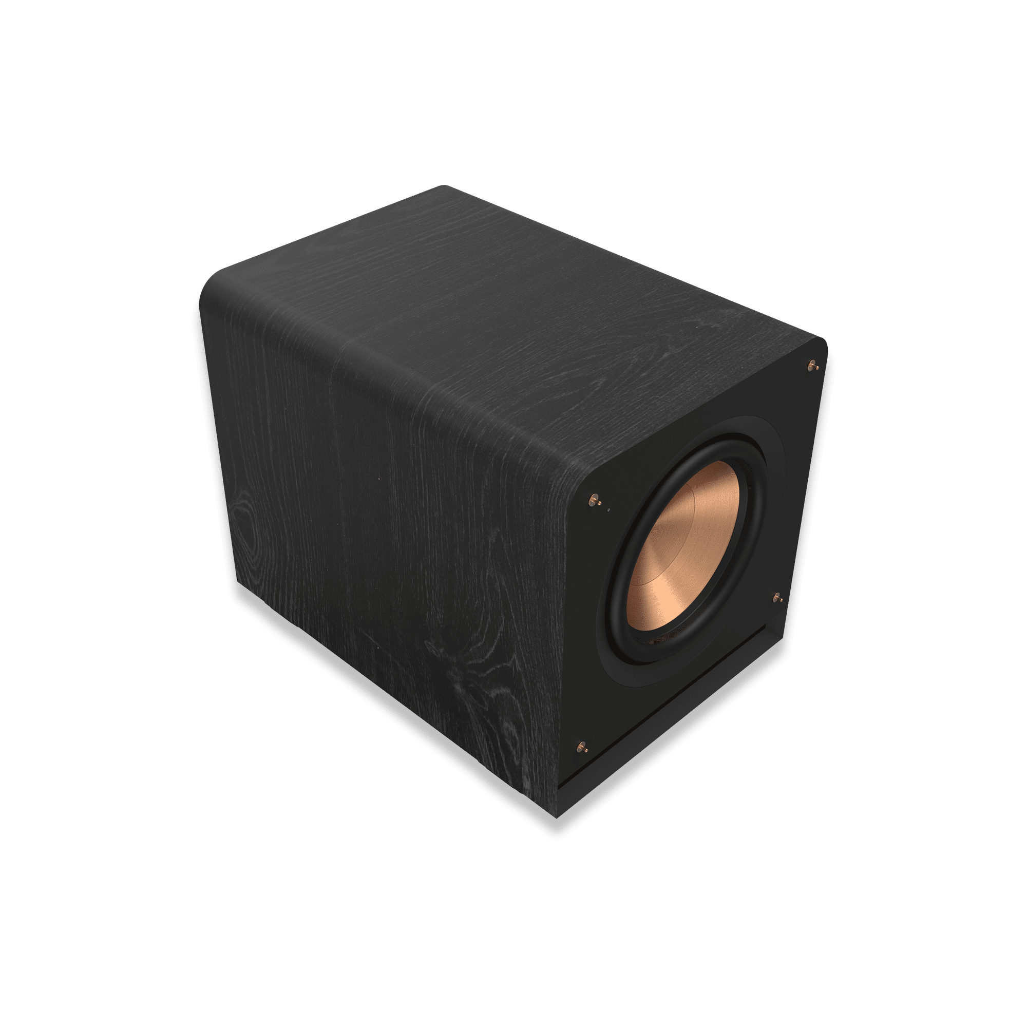 Klipsch Rp-1200Sw Black wood-grain speaker cabinet with copper-colored woofer and rounded edges.