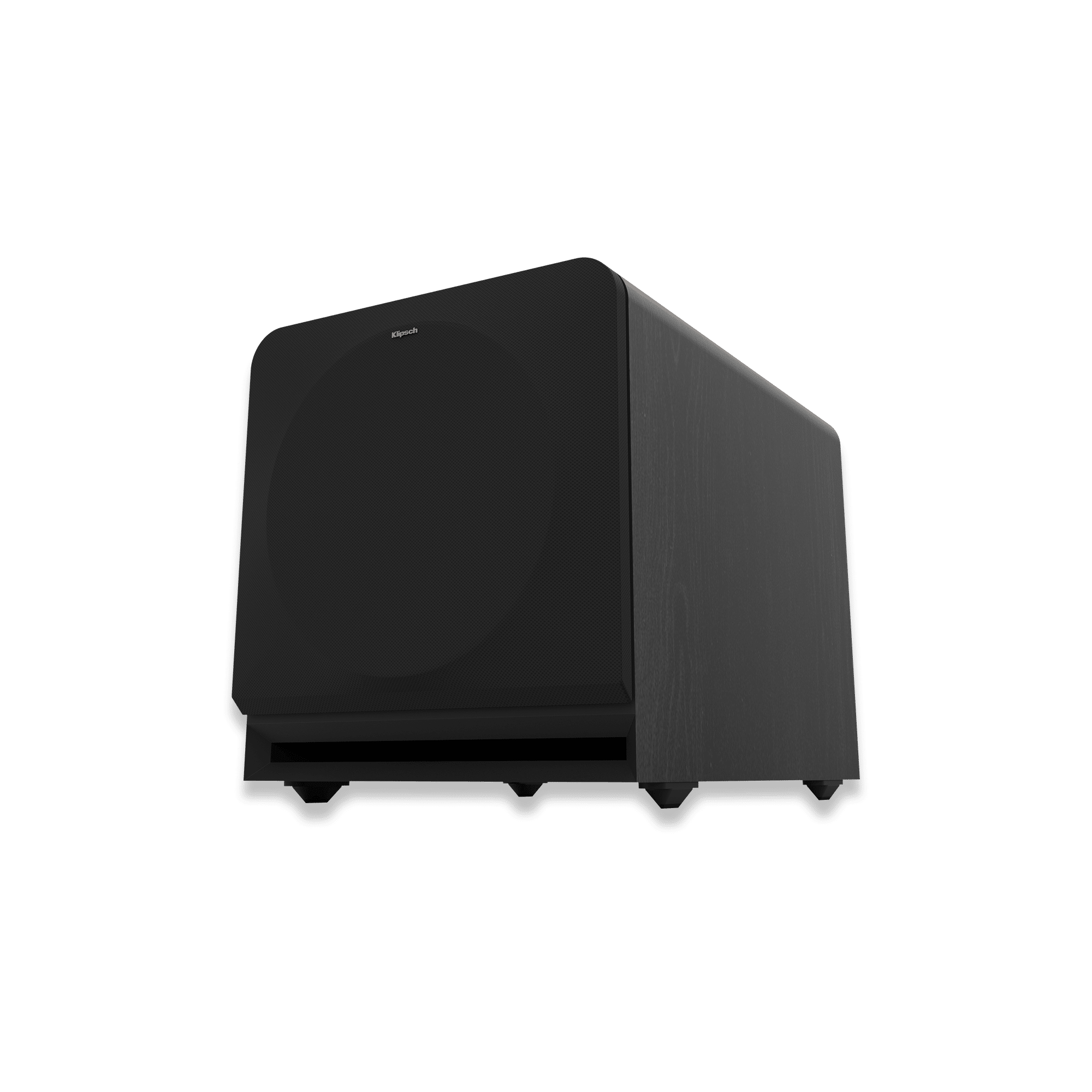 Klipsch Rp-1200Sw Klipsch floorstanding speaker with black grille and curved brushed cabinet.