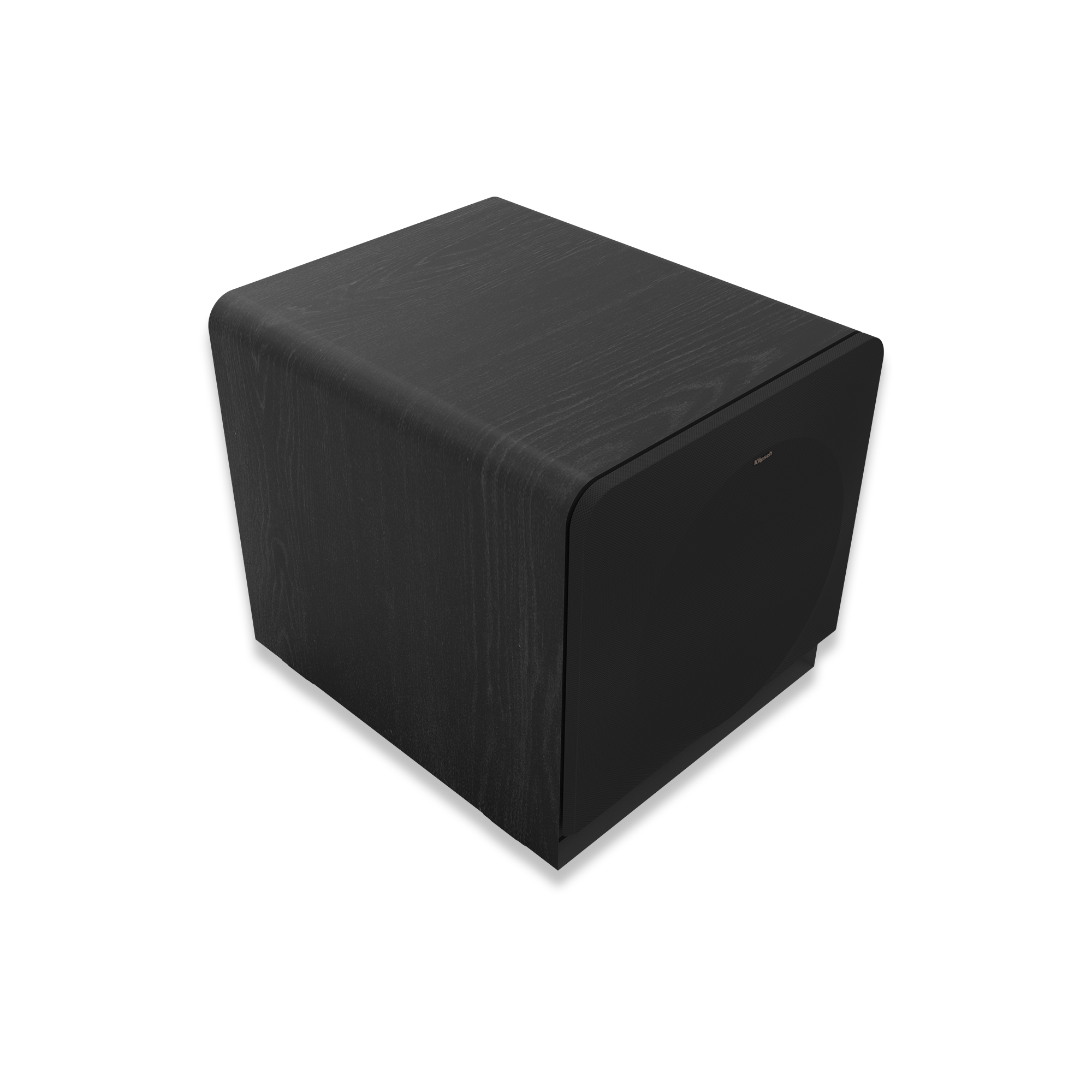 Klipsch Rp-1400Sw Klipsch black wood-grain subwoofer with curved edges and front grille.