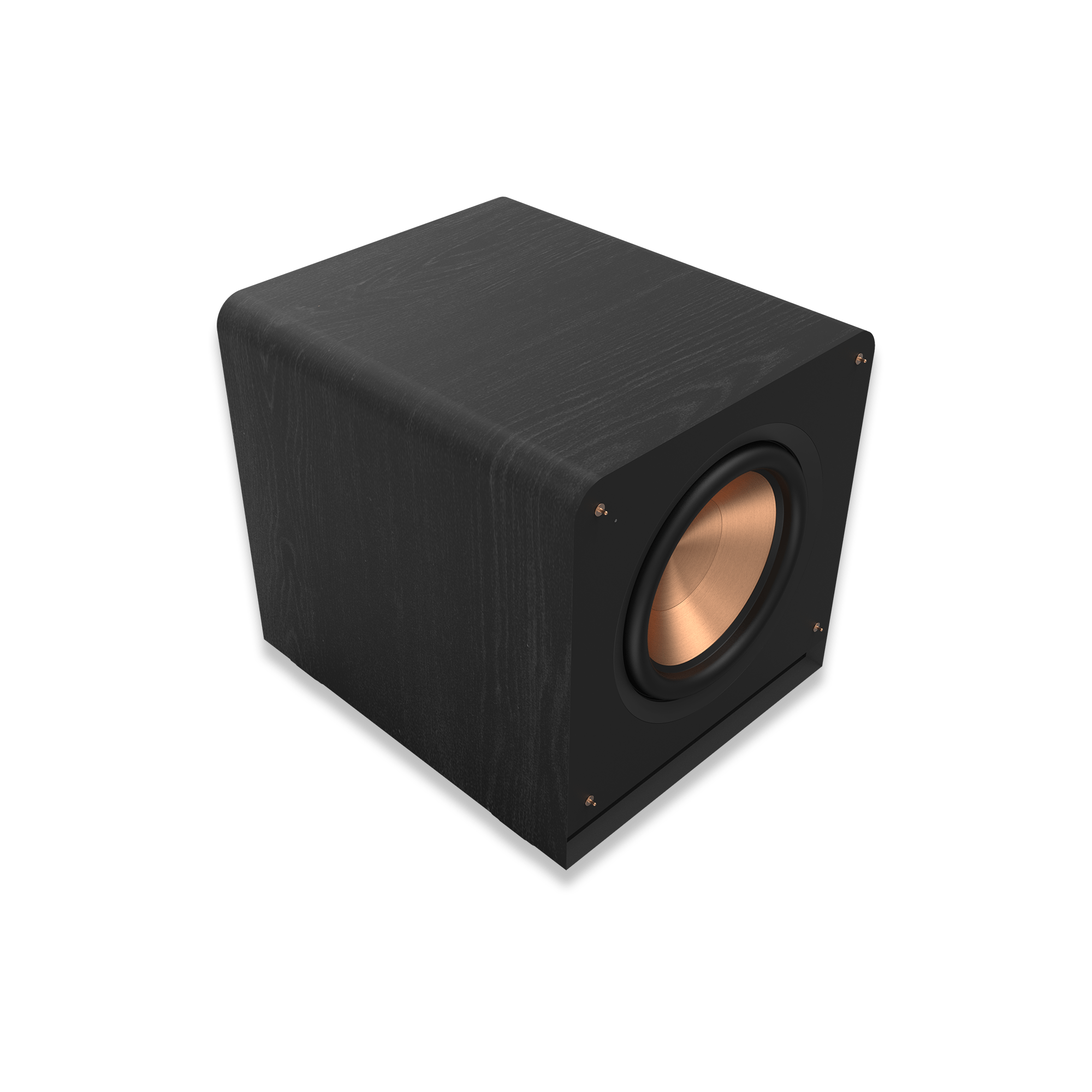 Klipsch Rp-1400Sw Black wood-grain speaker cabinet with copper-colored woofer and rounded edges.