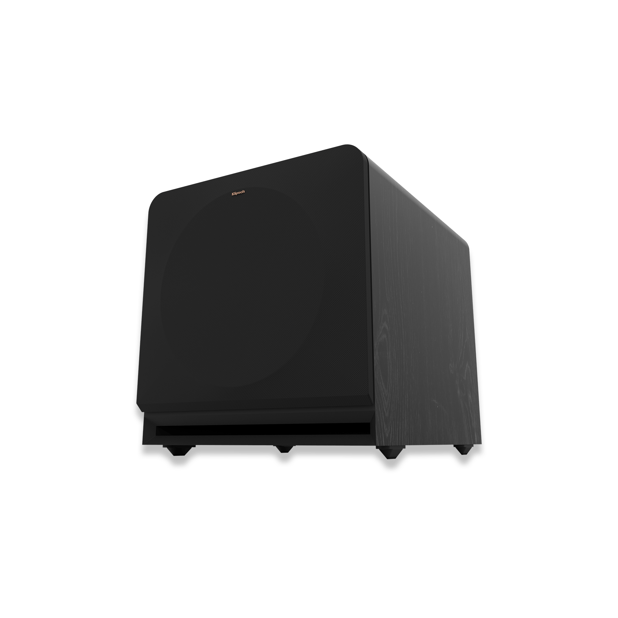 Klipsch Rp-1400Sw Klipsch floor-standing speaker with black mesh grille, rounded corners, and wood veneer side panel.