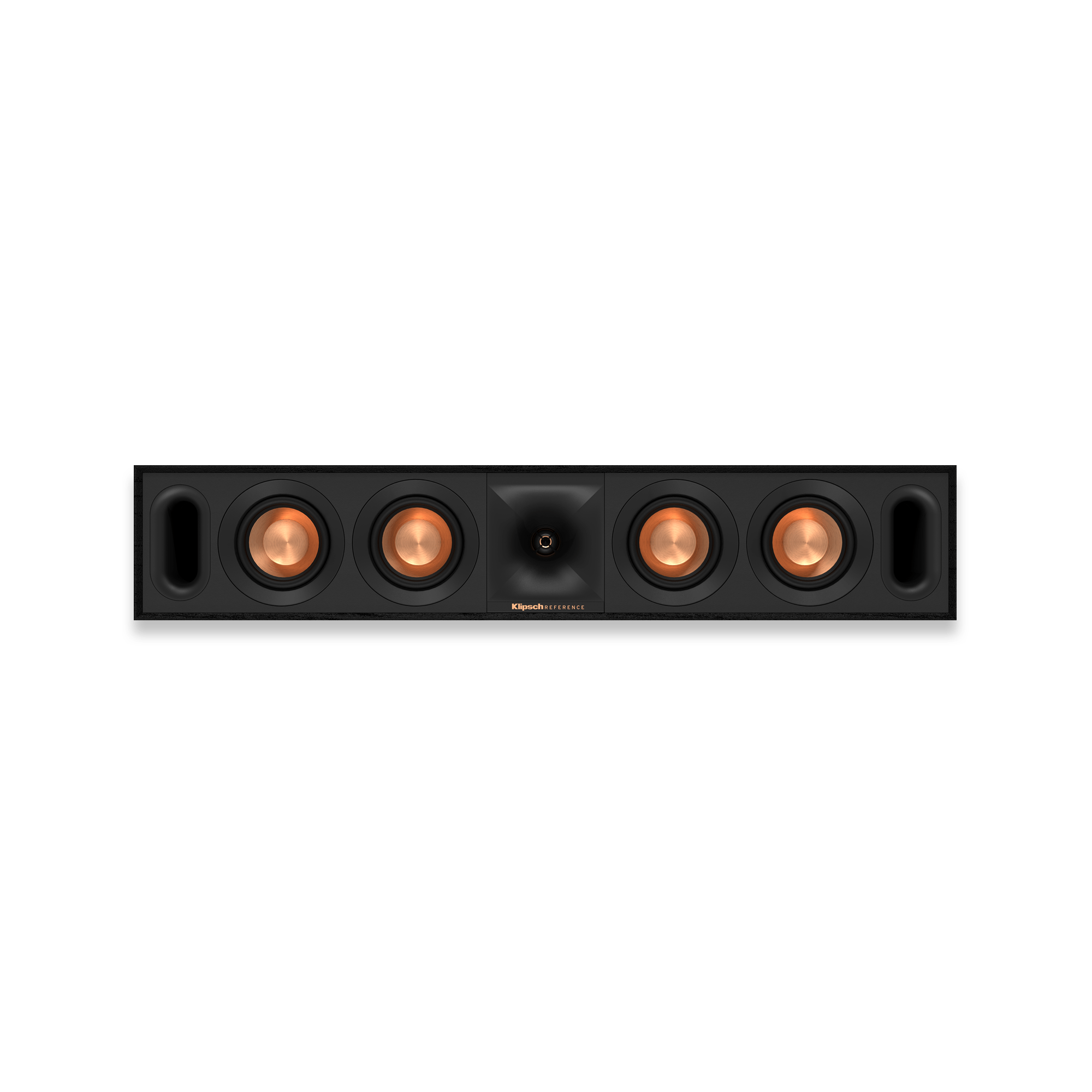 Klipsch R-600F 5.1 Home Theater System Klipsch reference soundbar with copper-colored drivers and central logo, black rectangular home theater speaker bar.