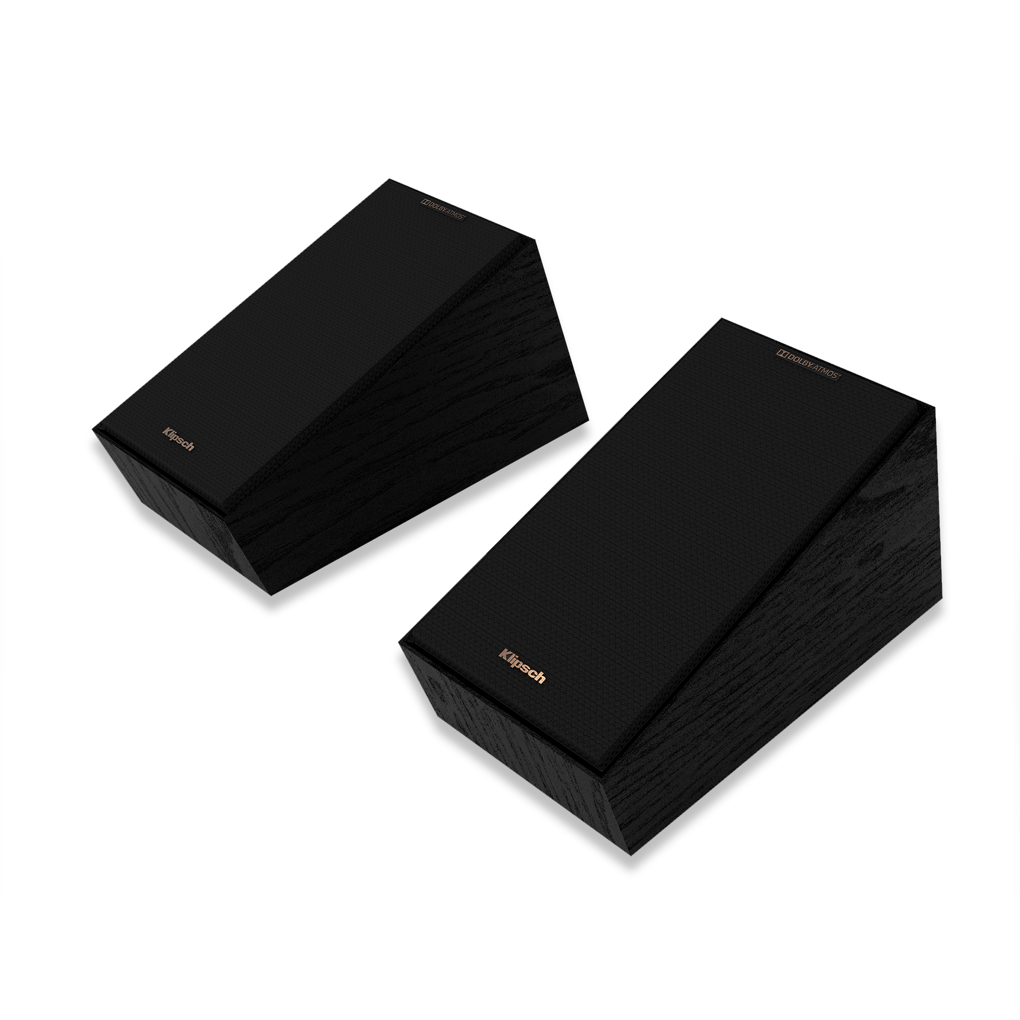 Klipsch R-600F 5.1 Home Theater System Three black klipsch dolby atmos bookshelf speakers with wood-grain cabinets