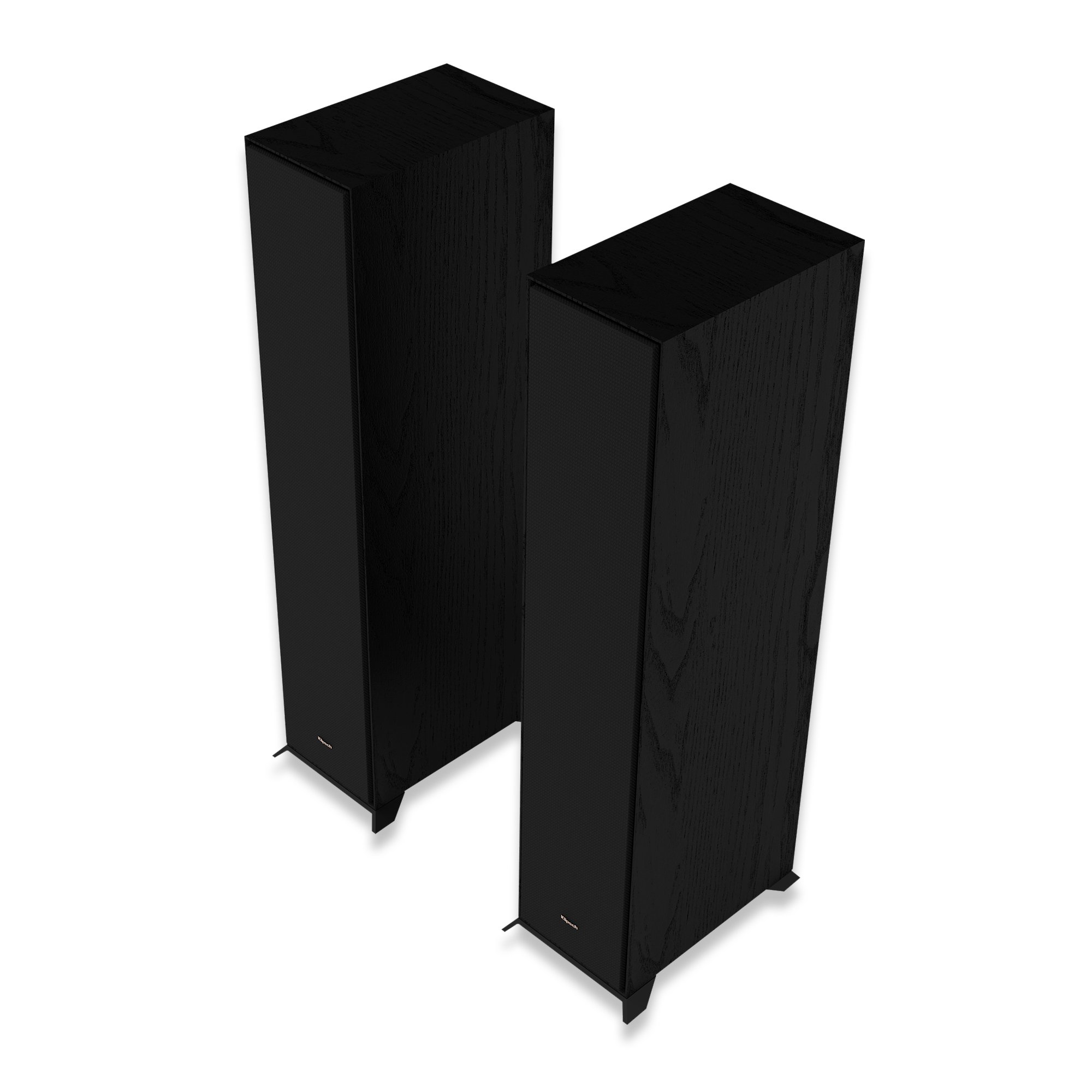 Klipsch R-600F 5.1 Home Theater System Pair of black wood-grain floor-standing speakers with fabric grilles.