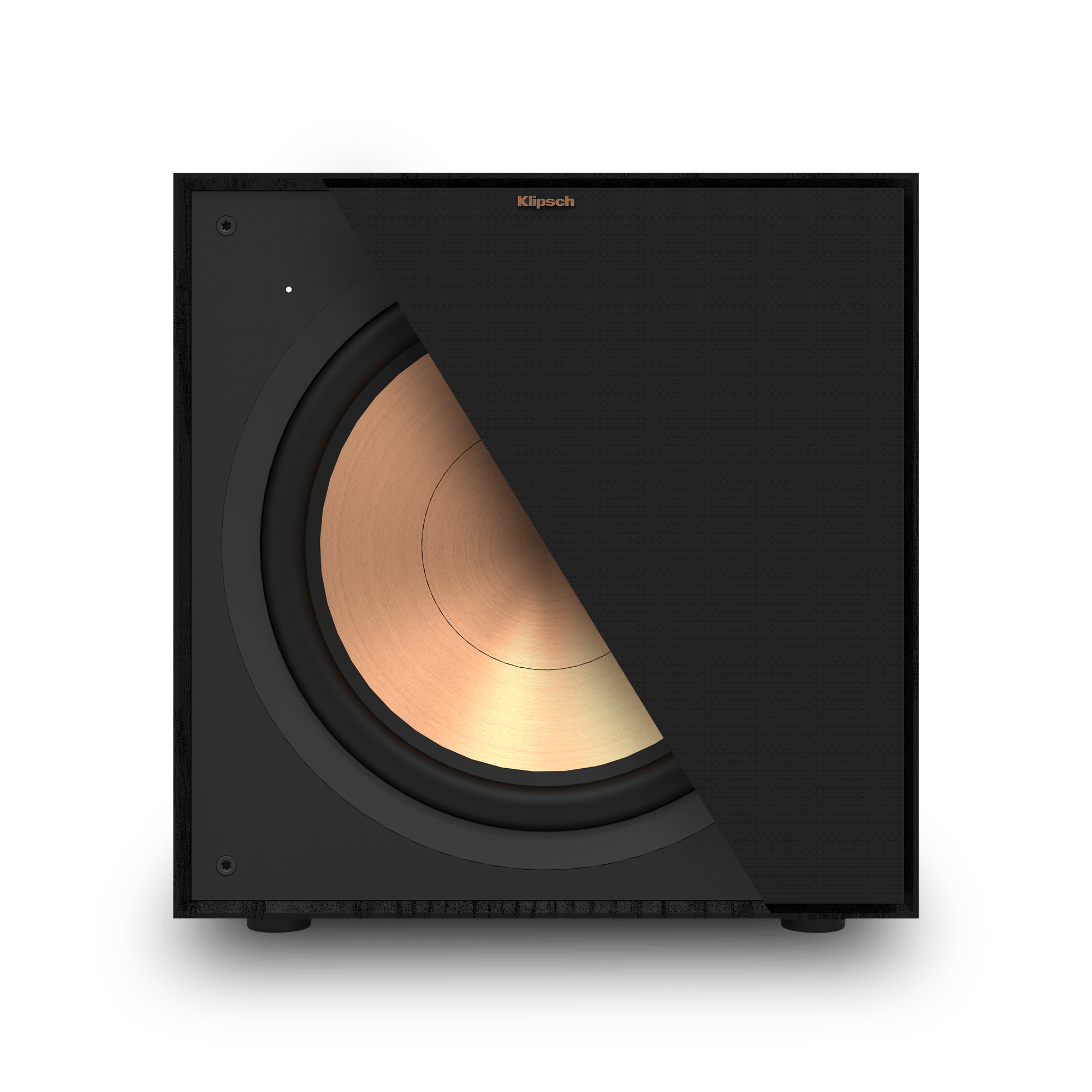 Klipsch R-800F 5.1 Home Theater System Klipsch speaker with copper-colored woofer and black grille.