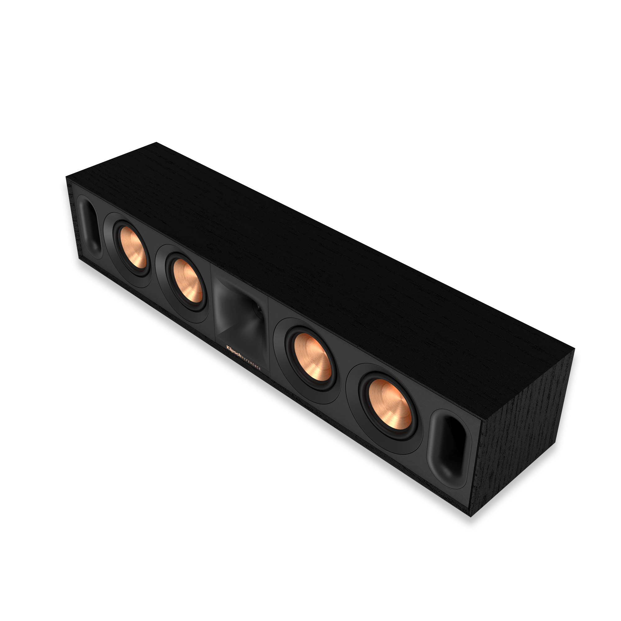 Klipsch R-800F 5.1 Home Theater System Klipsch reference soundbar with copper-colored drivers in a black wood-grain cabinet.