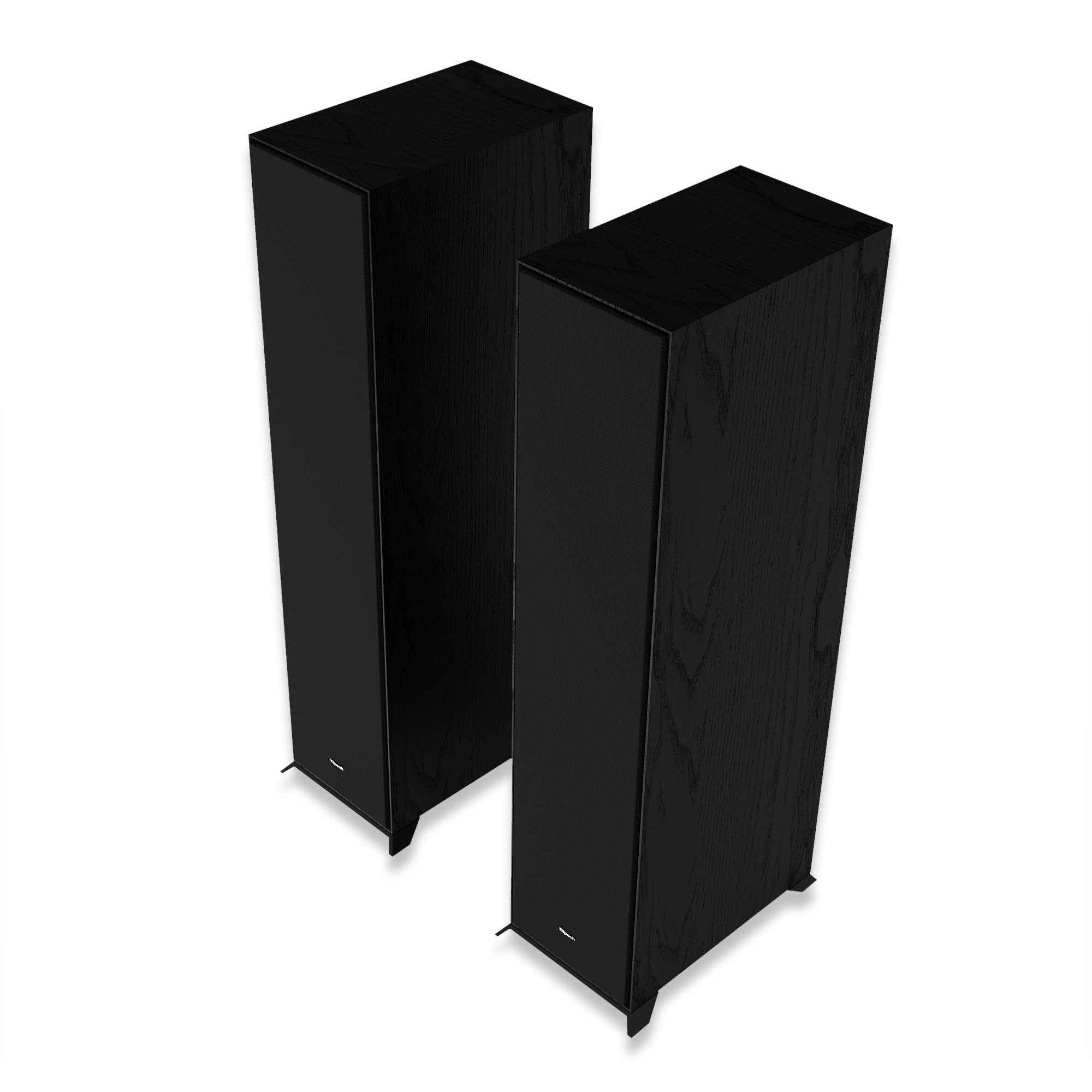 Klipsch R-800F 5.1 Home Theater System Pair of black wood-veneer floorstanding speakers with fabric grille fronts.