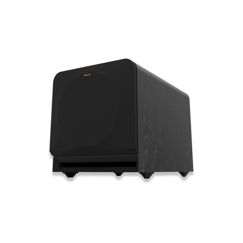 Klipsch Rp-1000Sw Klipsch subwoofer with black curved front grille and dark woodgrain cabinet.
