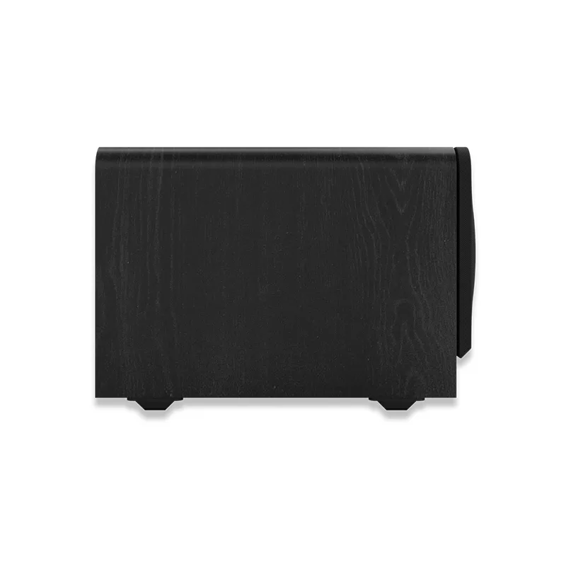 Klipsch Rp-1000Sw Black curved-front wooden cabinet with small feet and wood grain texture