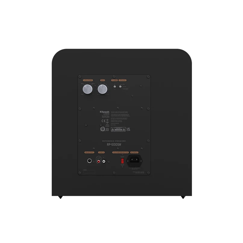 Klipsch Rp-1000Sw Klipsch reference premiere rp-1000sw subwoofer rear panel with two silver knobs, power switch, iec inlet, and audio input jacks.