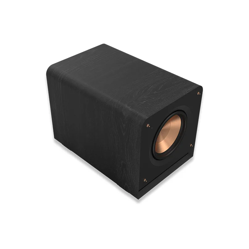 Klipsch Rp-1000Sw Black wooden subwoofer enclosure with copper front-facing driver